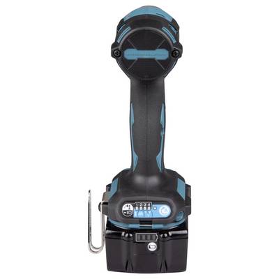 A black and blue cordless power tool with four adjustable settings and a metal clip on the side, viewed from the handle angle.