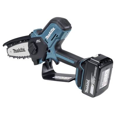 A blue and black Makita cordless chainsaw with an 18V battery, displaying the brand's name on the blade and battery pack.