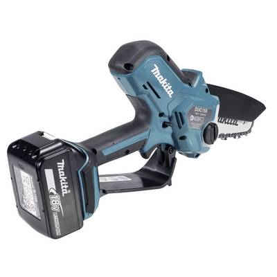 A blue and black cordless mini chainsaw with an 18V battery, designed for portable and efficient cutting.
