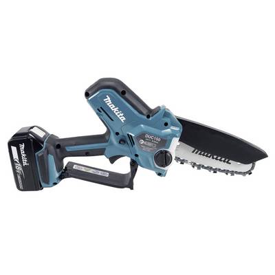 'Makita DUC150' cordless chainsaw with an 18V battery, shown in profile. The blue and black design includes a visible chain and bar.