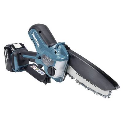 A teal and black electric chainsaw with a Makita logo, featuring a visible battery pack and a metal cutting blade.