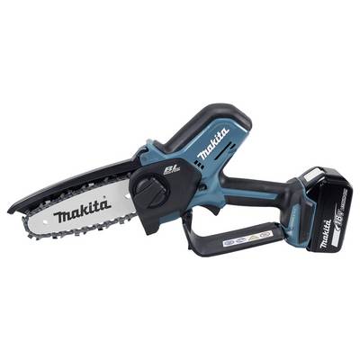 'Electric chainsaw with blue and black handle, labeled Makita. Compact design with battery pack attached, suitable for light tasks.'
