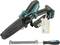 Cordless chainsaw with battery, file, and oil bottle. Ideal for woodworking and garden maintenance.