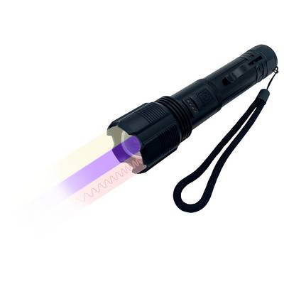Black LED torch with a glowing coloured light beam. It has a hand strap to facilitate holding.