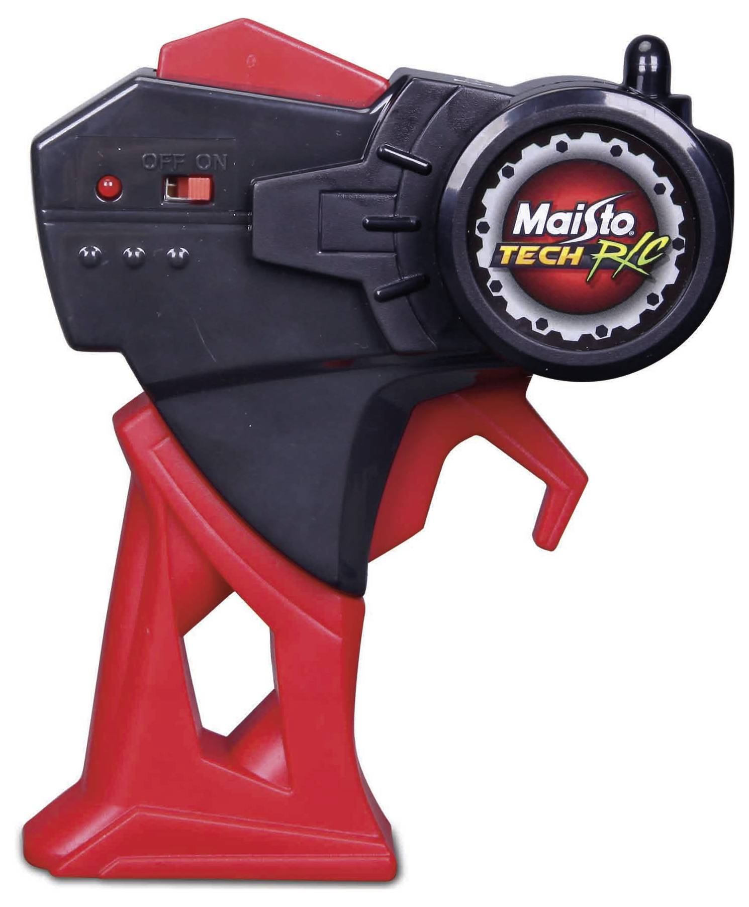 A red and black RC remote control handle with an 'On/Off' switch and the 'Maisto Tech RC' logo on the circular disc.