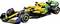 A Formula 1 racing car in yellow and black with sponsor logos stands on a white background, ready for a race.