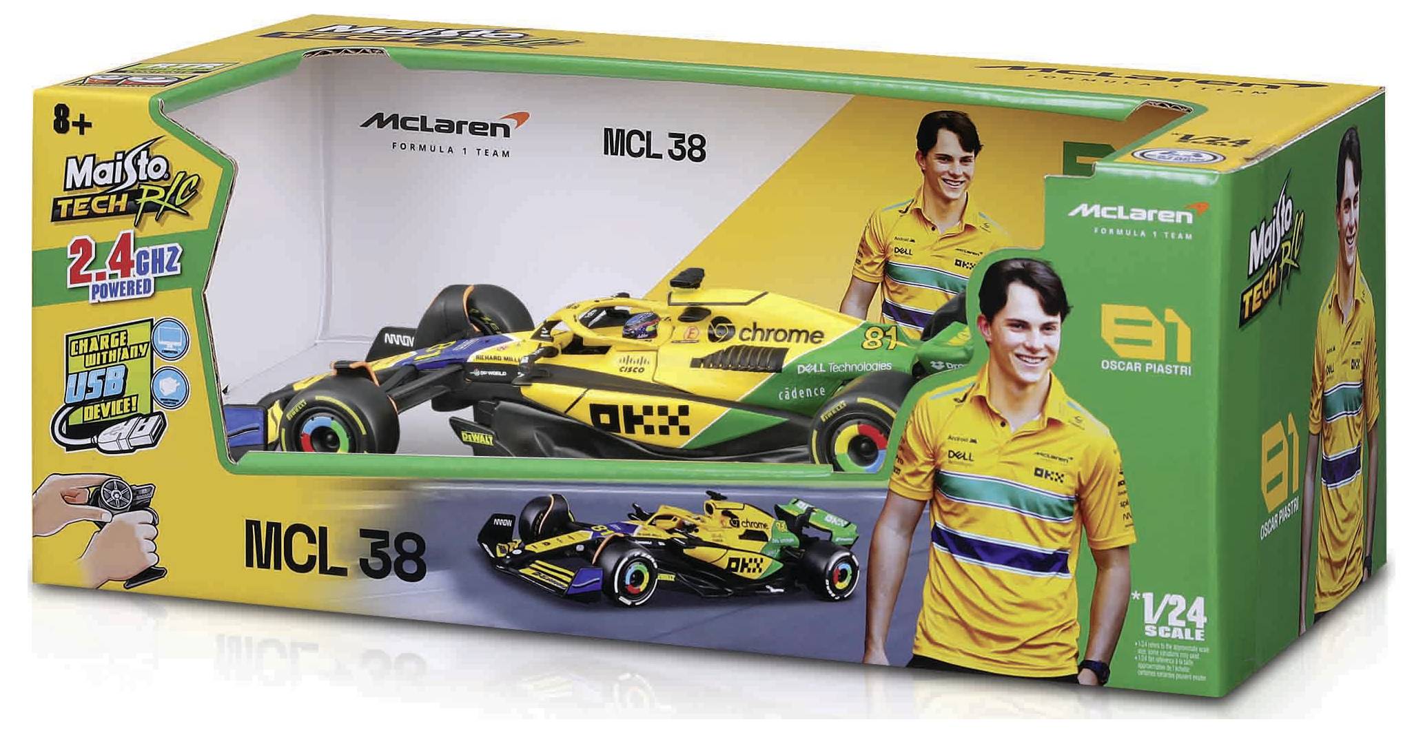 'Maisto Tech RC Car MCL 38 in yellow-green. Packaging with driver image and logos. Scale 1:24. Suitable for children aged 8 and above.'
