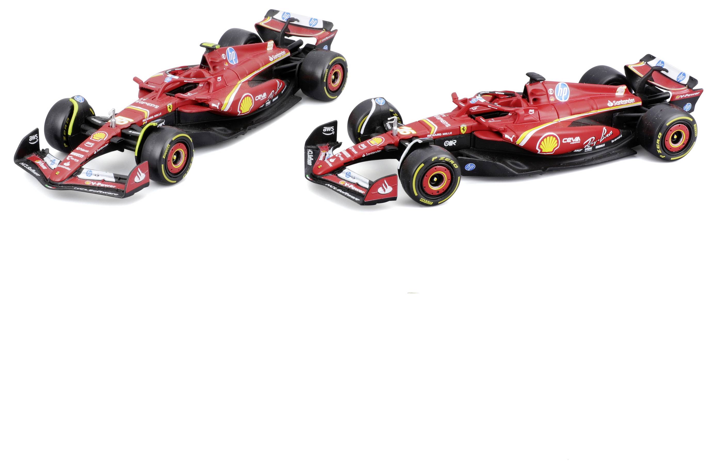 Two red Formula 1 race cars with aerodynamic designs, featuring sponsor logos and black tires. One car is slightly ahead of the other.