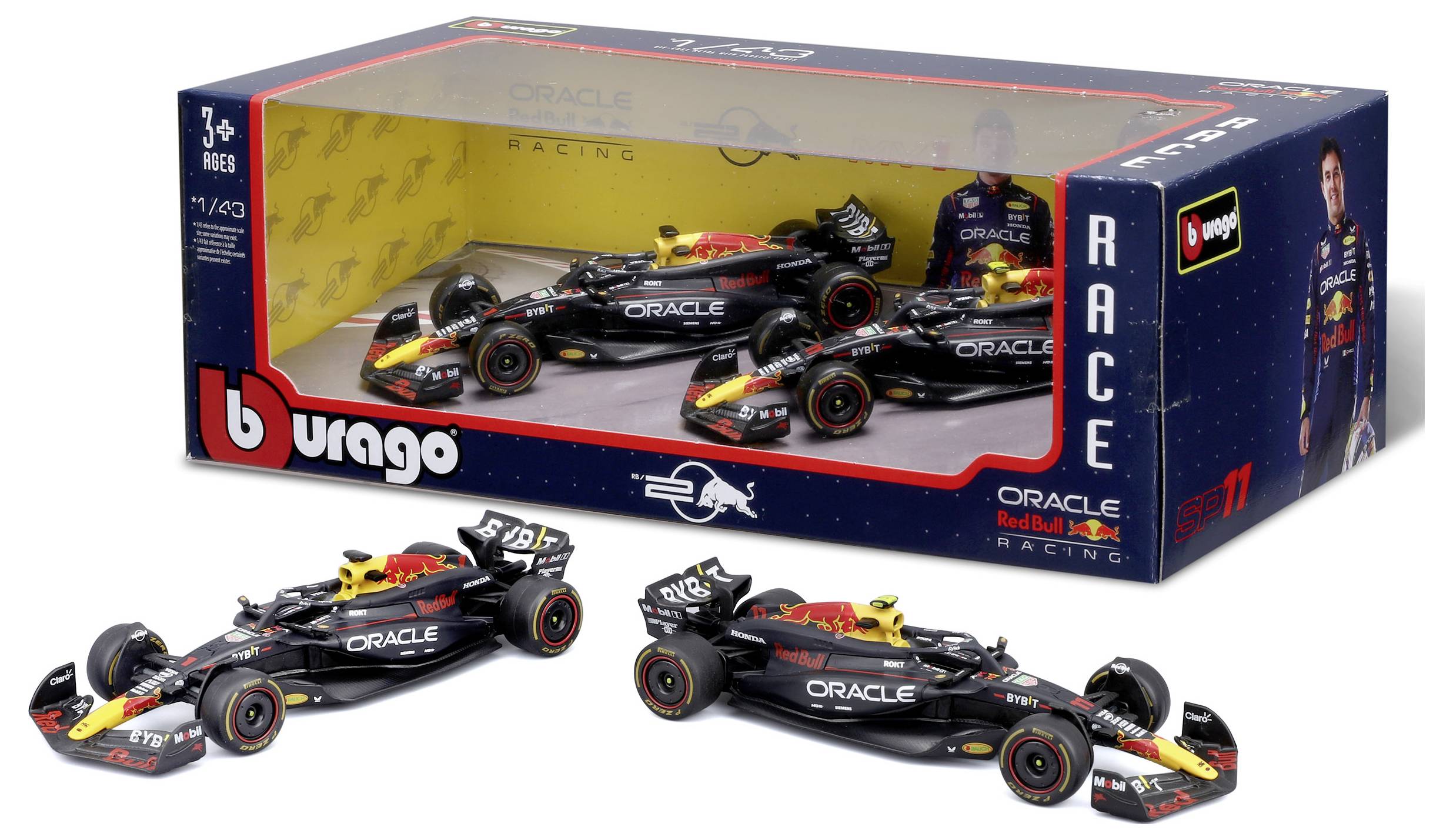 'A set of die-cast Red Bull Racing cars in a display box, featuring three detailed models with decals, and packaging showing branded elements.'