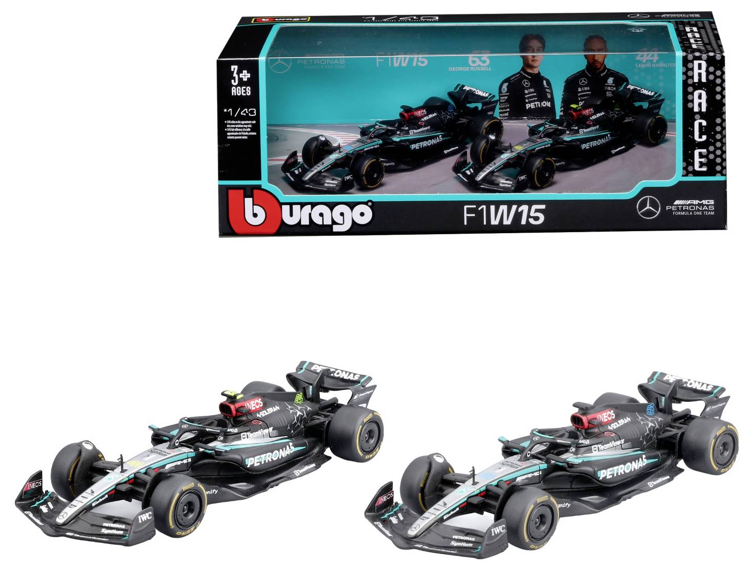 Die-cast model of Mercedes F1 cars in black, featuring Petronas branding and Burago packaging with two drivers' images.
