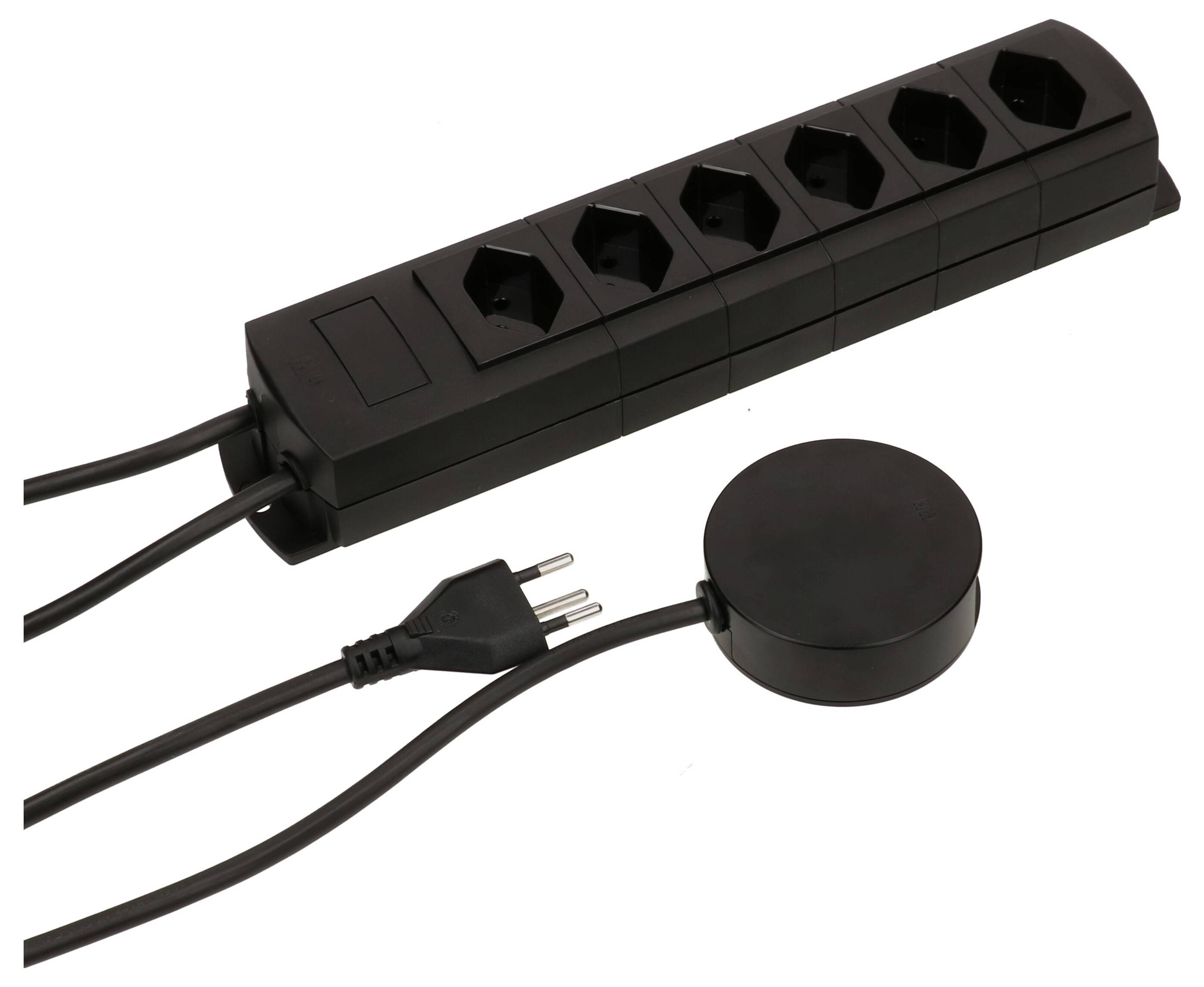 A black power strip with six socket outlets and a round foot switch for powering electronic devices.