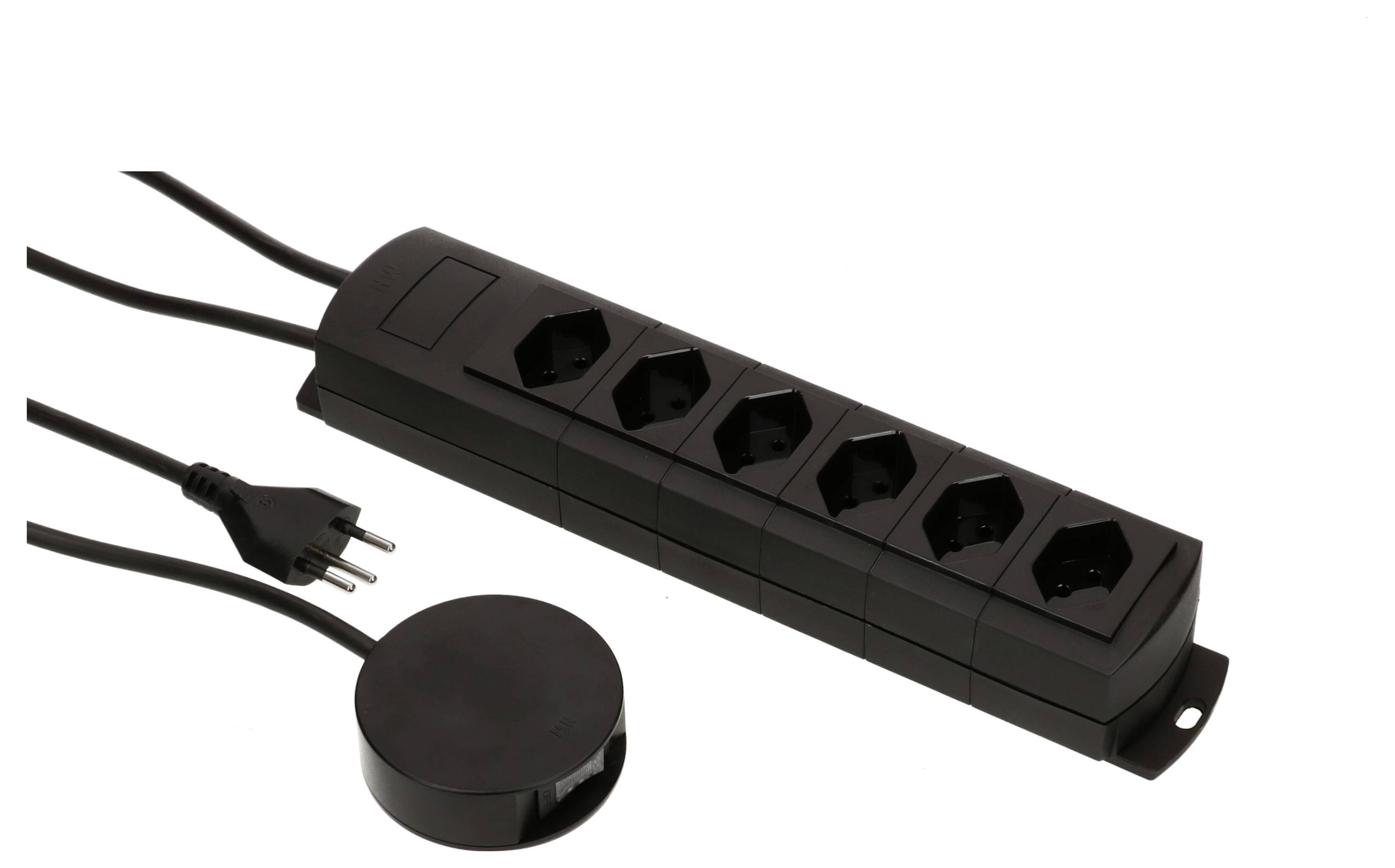 Black power strip with five Schuko sockets and earthing, connected to a round switch, on a white background.