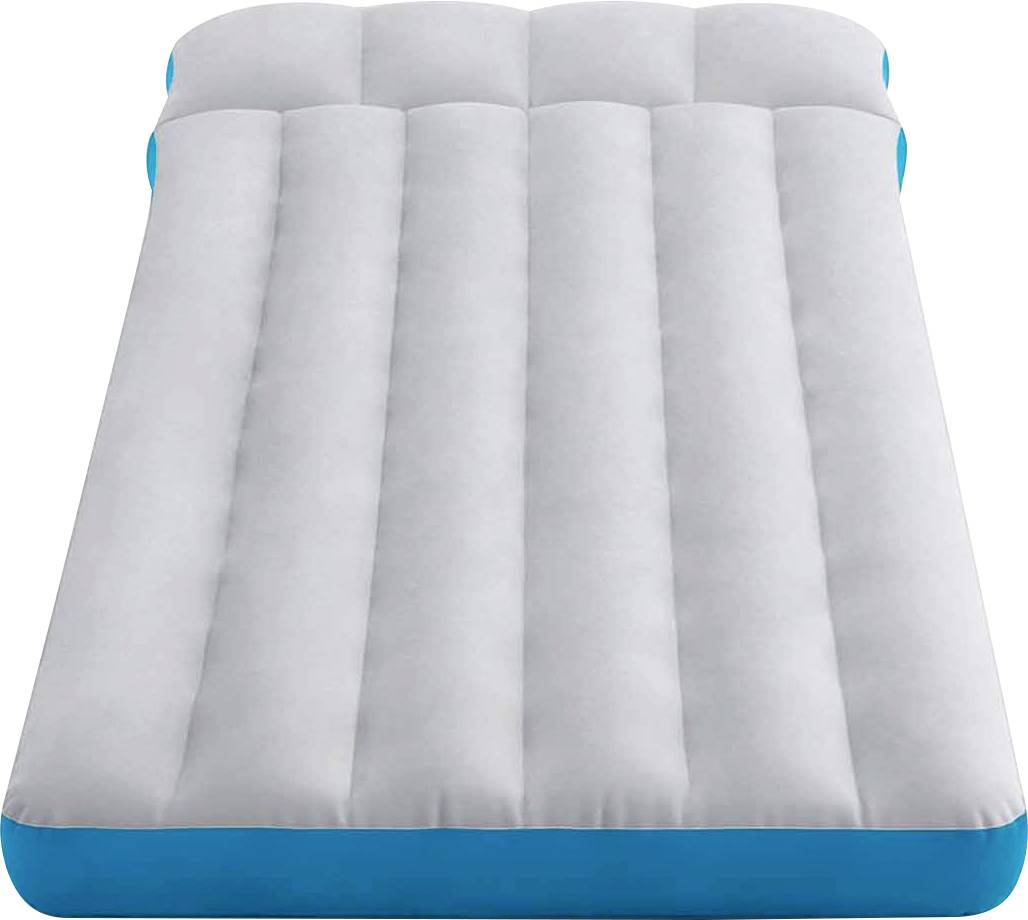 An inflatable air mattress with a blue border and six elongated rectangular air chambers on top.