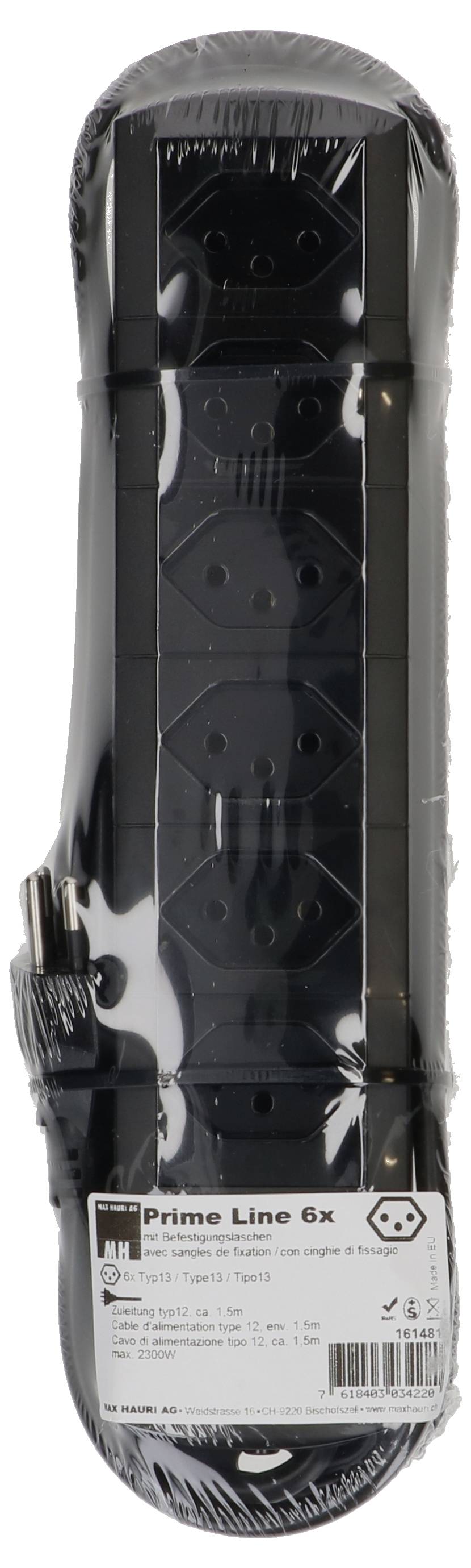 A black six-socket extension lead with an on/off switch, in its original plastic packaging.