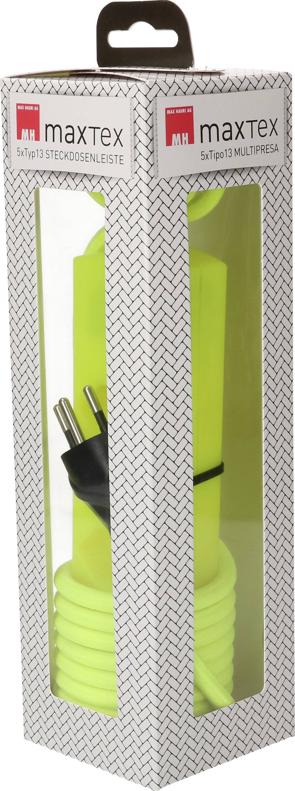 Yellow 'maxTex' multi-socket extension with transparent packaging, suitable for five devices with side Euro plug. Ideal for household use.