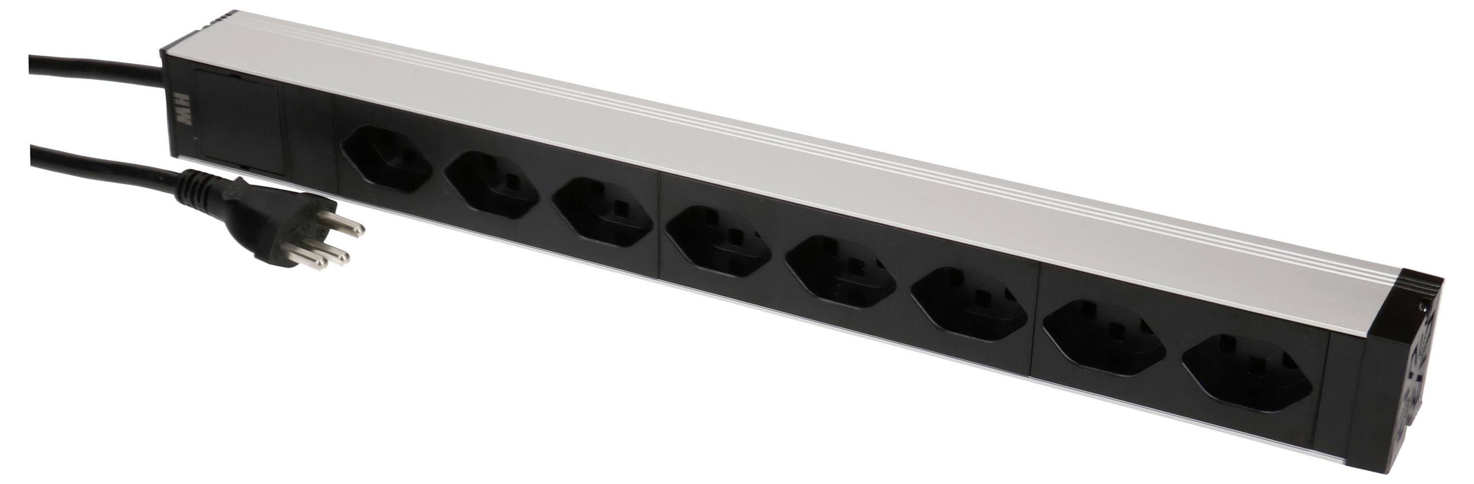Eight-way extension socket with Euro plugs and a black cable.