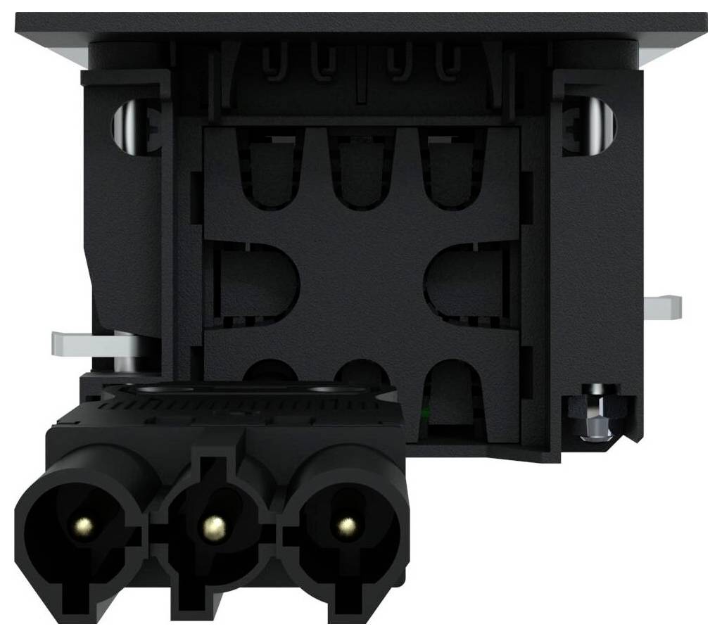 A black, box-shaped electronic component with three round terminals on the front and several structured elements.