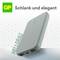 A sleek, elegant, light grey device with two USB ports is shown in an advertisement with the slogan 'Slim and elegant'.