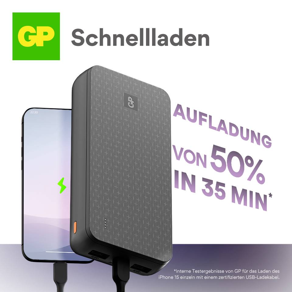 Smartphone with fast charger, promising '50% charge in 35 mins'. GP logo top left.