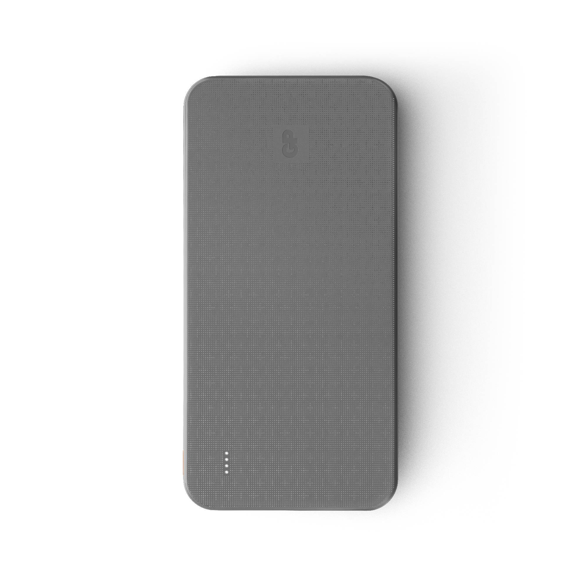 A grey, rectangular battery with a charging indicator on the front, showing four white dots to display the charge level.