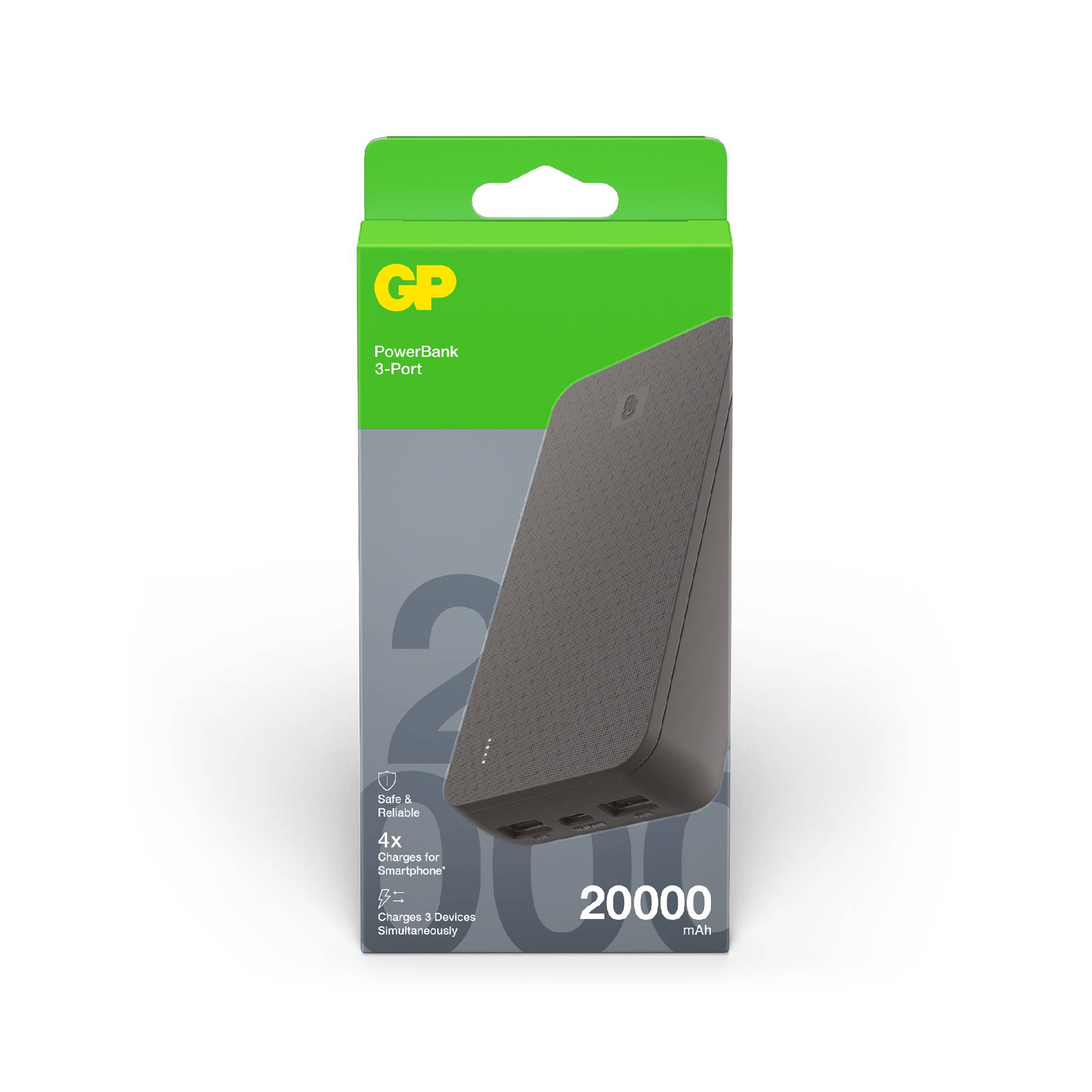 A green packaging with a black powerbank image. Text reads: 'GP PowerBank 3-Port, 20,000 mAh, Charges 3 Devices Simultaneously.'