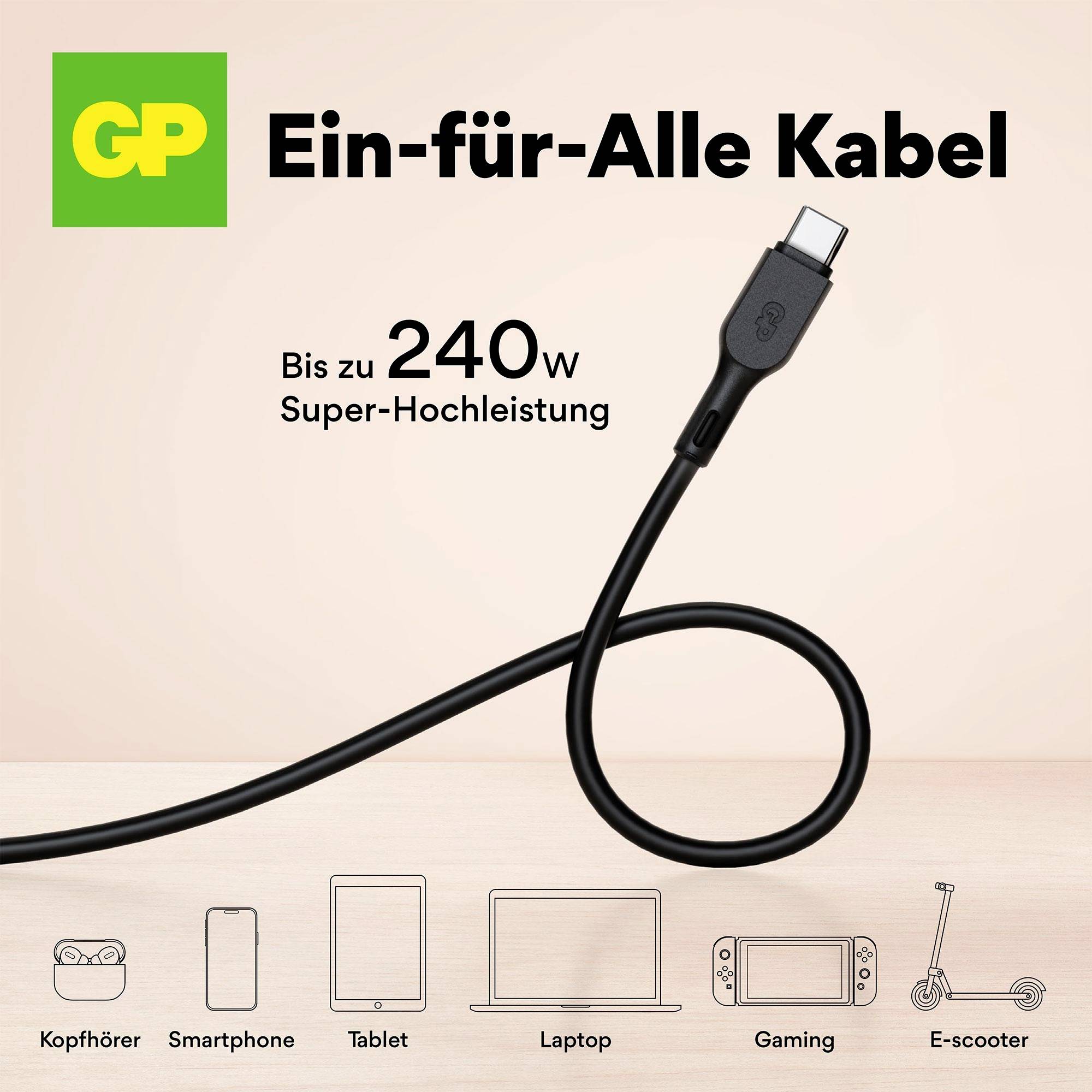 'Universal Cable' with up to 240W power output, compatible with headphones, smartphone, tablet, laptop, gaming devices, and e-scooters.
