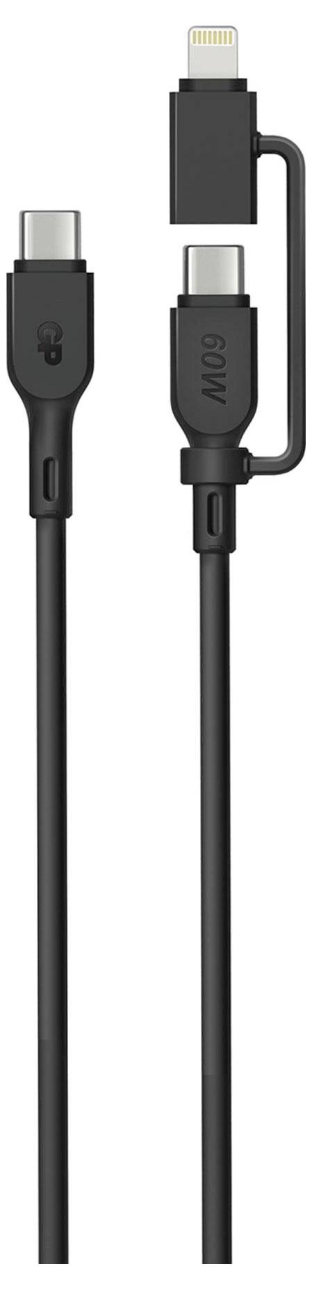 A black cable with USB-C and a detachable Lightning adapter, suitable for universal charging and data transfer purposes.