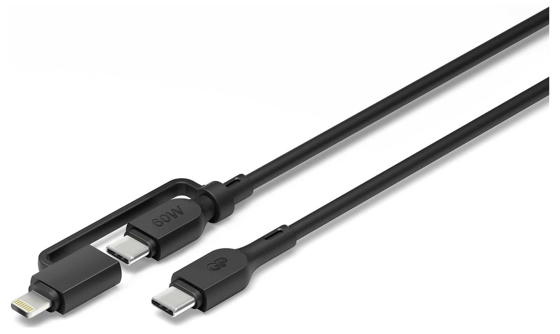 Three black USB-C cables, one with a Lightning connector, are lying side by side. One is labelled '100W', the other '60W'.