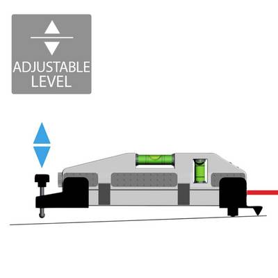 'Levelling tool on table with spirit level, arrows indicating adjustment and text "ADJUSTABLE LEVEL" in grey at top left.'
