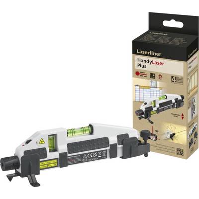 Laser spirit level with packaging. The device has a digital display and bubble vial for precise alignment. Packaging shows example applications.