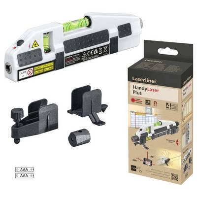 'Laserliner HandyLaser Plus': A laser spirit level set with brackets and packaging. Suitable for precise alignment and measurement. Includes batteries.