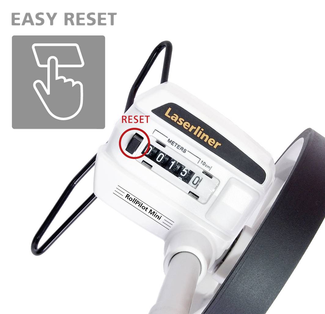 Digital trip meter with 'RESET' button, displaying '01130' metres. Easily operated via 'EASY RESET' symbol.