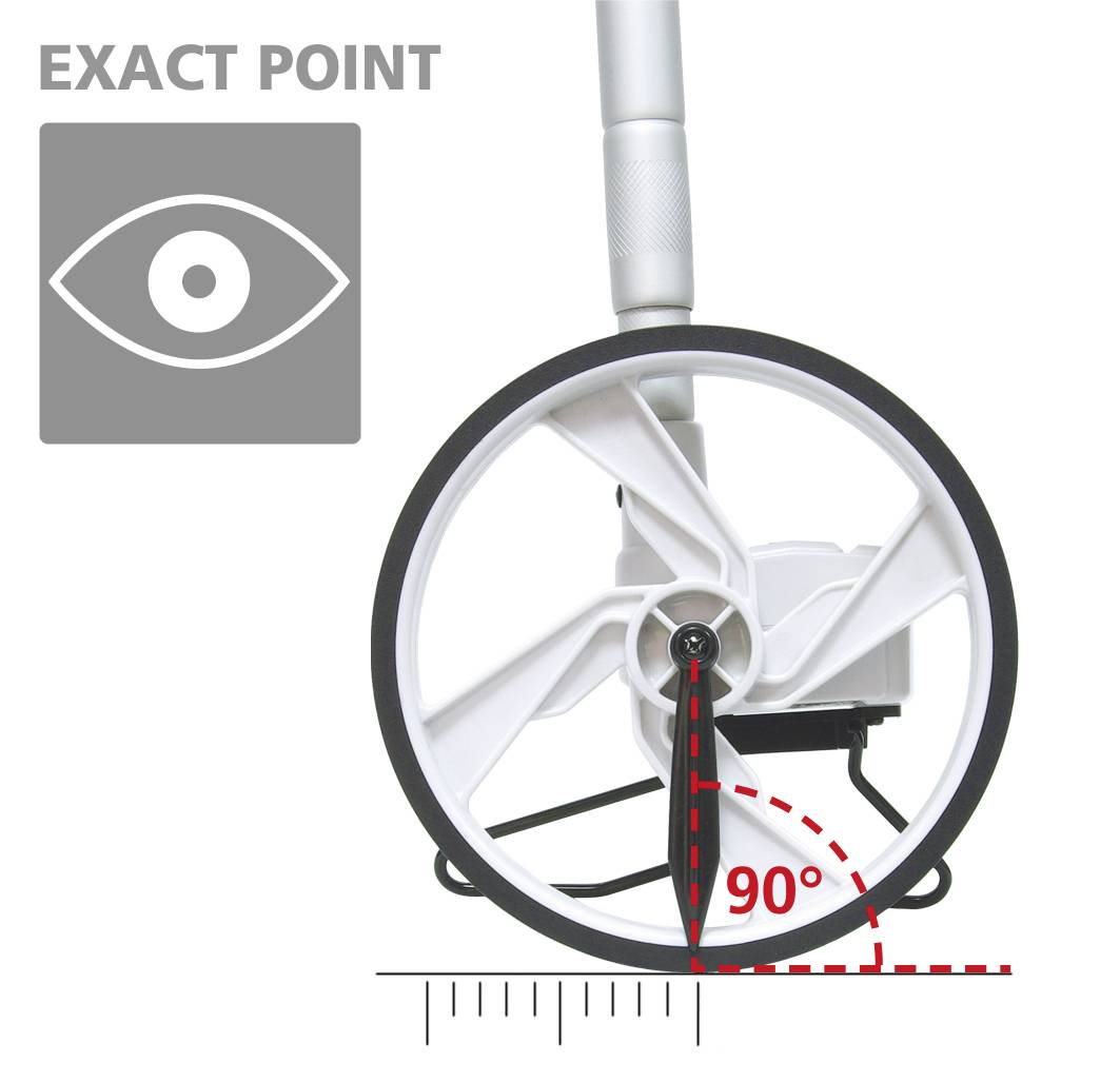 Bicycle wheel with angle measurer showing precisely 90 degrees. An eye symbol with the text 'Exact Point' in the top left corner.