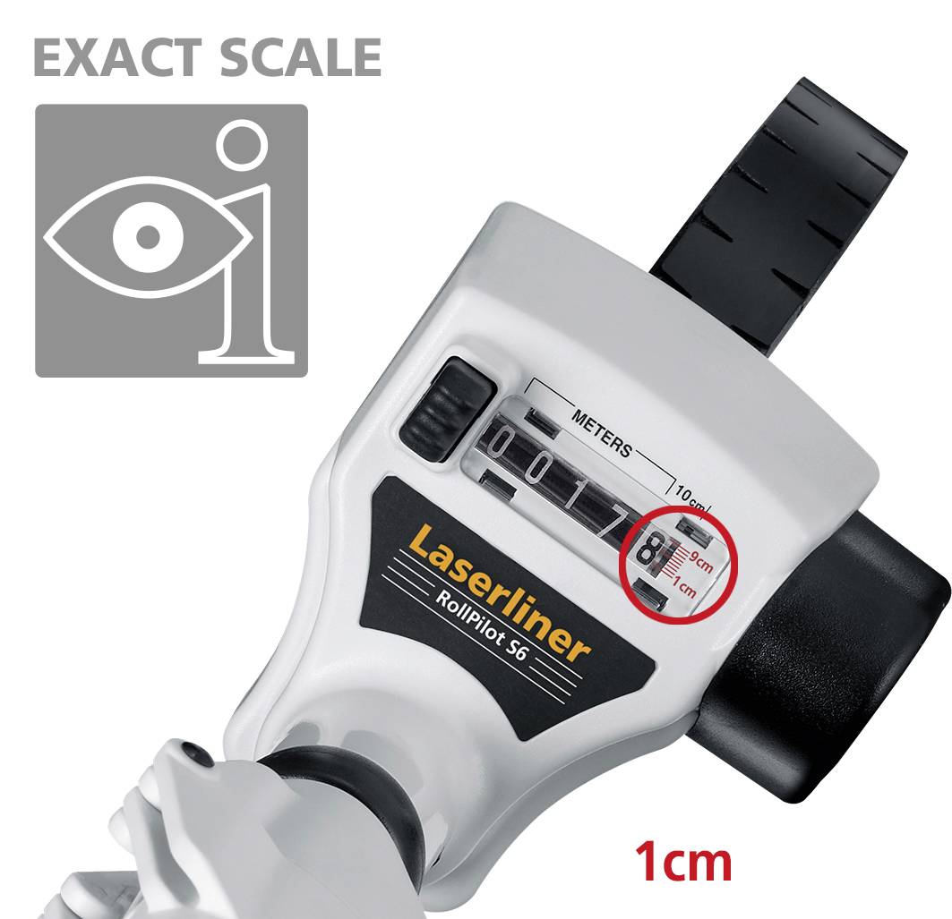 Laser distance meter displays 87 cm, measuring range 110 metres. Display shows "EXACT SCALE" and eye symbol in top left corner.
