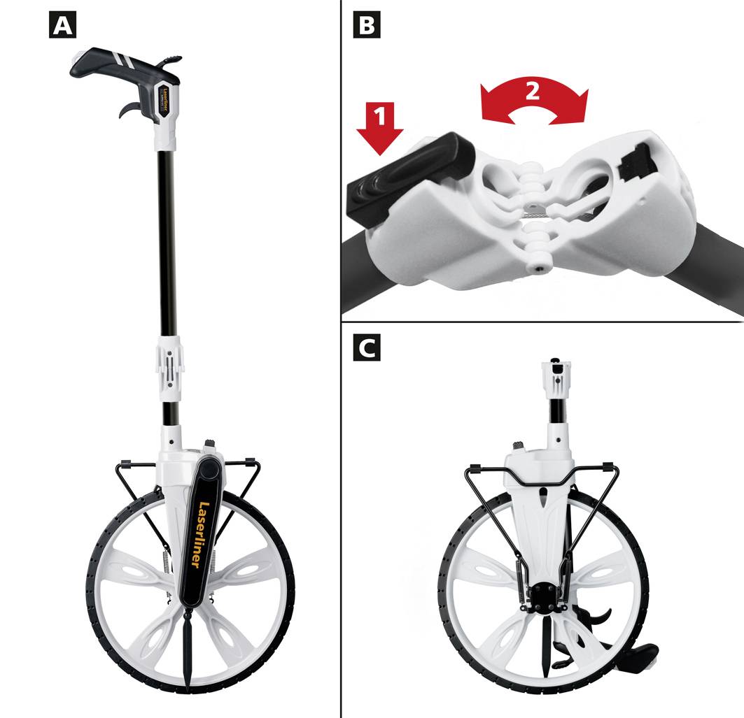 'Three-part image of a measuring tape. A: Overall view. B: Handle mechanism with arrows. C: Side view of the wheel.'