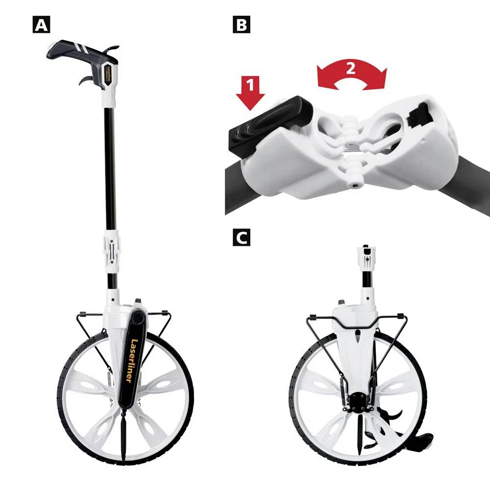 Folding Measuring Wheel with Handle. Picture A shows the complete wheel, Picture B demonstrates the folding mechanism, Picture C displays the folded view.
