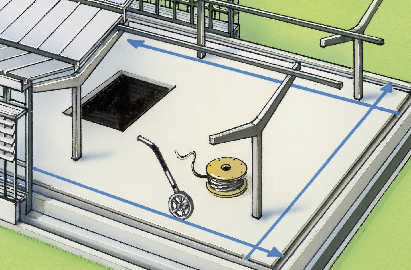 Construction site plan with markings on a concrete surface. A coiled cable and a measuring device are lying on the ground.