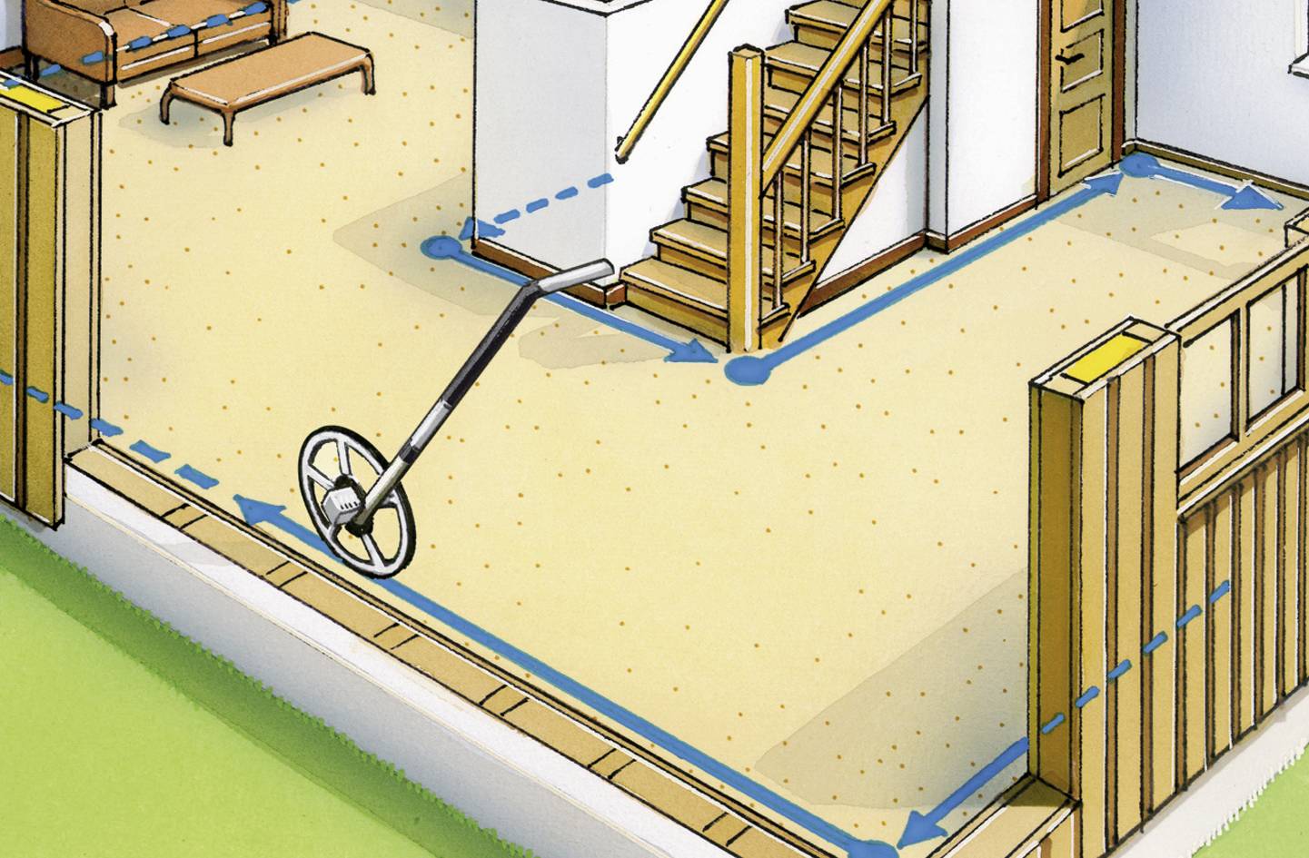 A measuring device measures the perimeter of a room from the balcony. The route navigates around furniture and a staircase, illustrated by blue arrows.