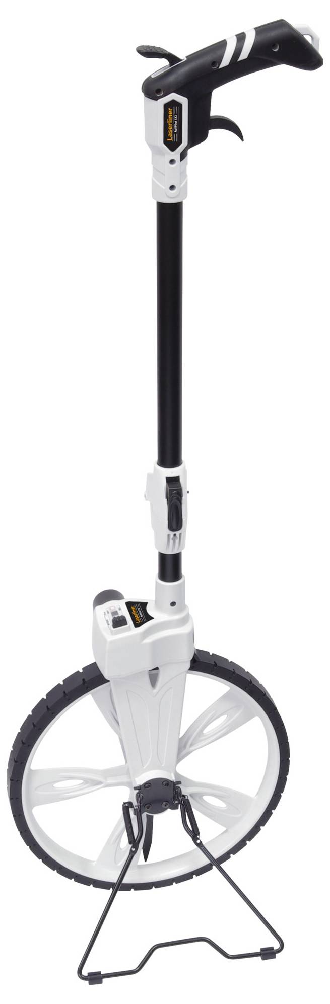 A black measuring wheel with a white casing, handle and digital display. Used for measuring distances on the ground.