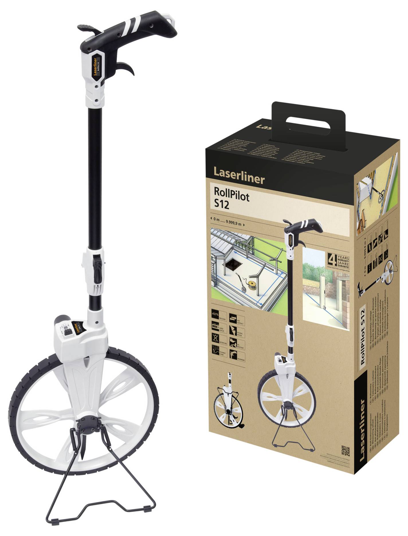 A Laserliner RollPilot S12 measuring wheel next to its packaging. The device has an ergonomic handle and a large wheel for precise measurement.