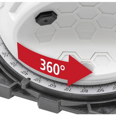 Close-up of a measuring tool with a 360-degree arrow on a disc with angle markings, demonstrating precision.