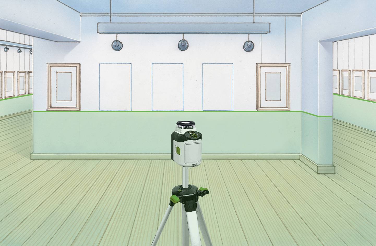 A laser levelling device on a tripod stands in an empty room with a wooden floor and white walls, ready for surveying.