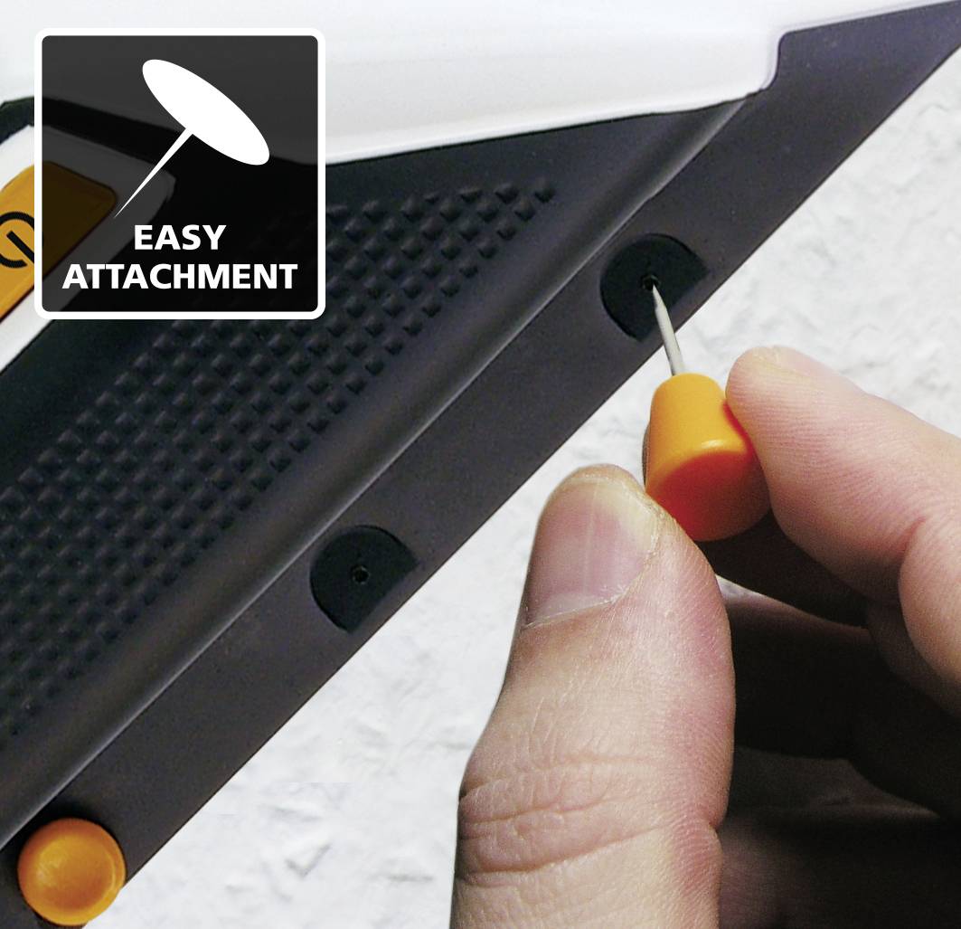 A hand presses an orange clip into the holder on the wall. A symbol shows 'Simple Fixing'.