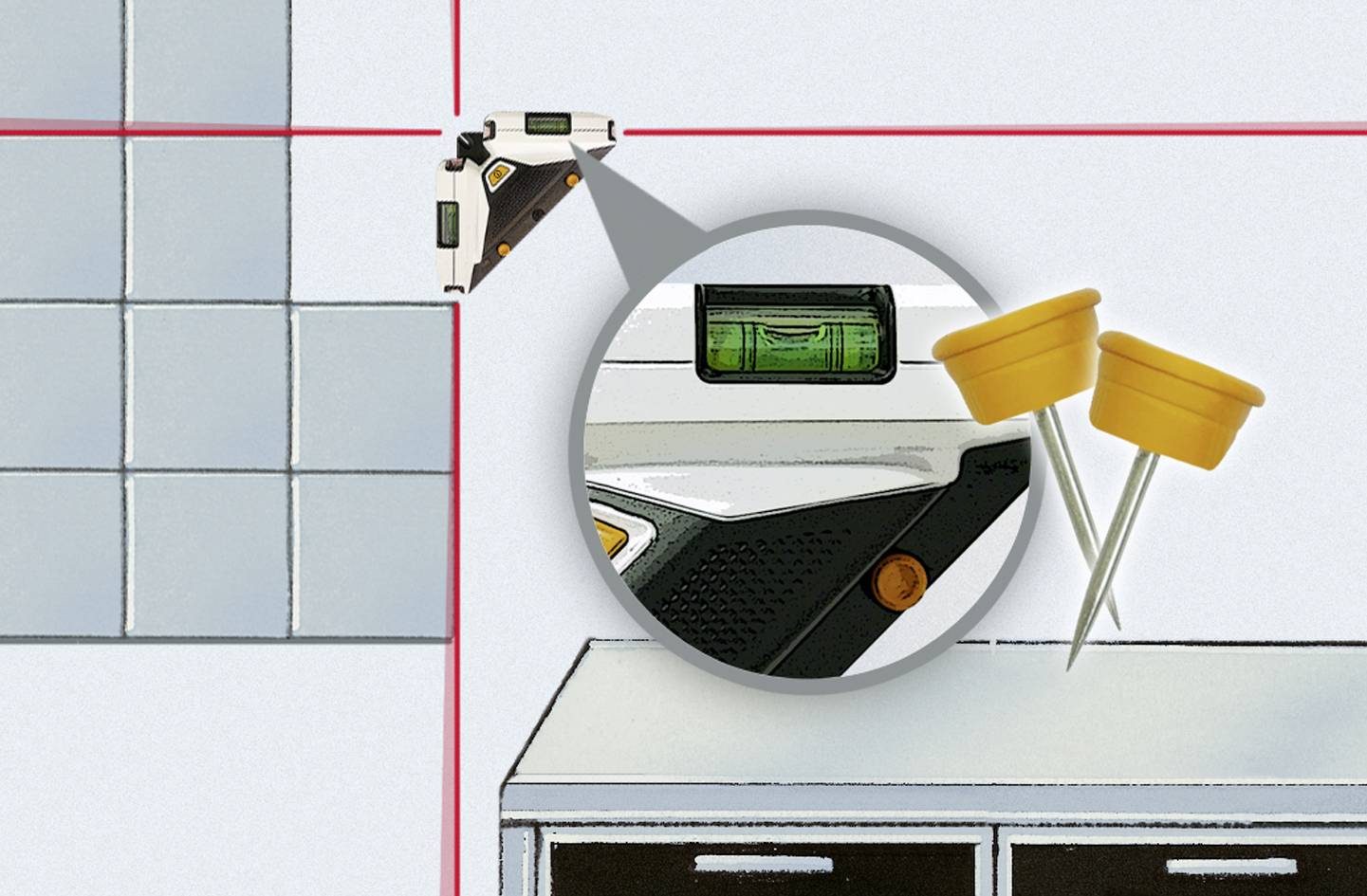 Laser spirit level is used to align tiles. Magnification shows the level. Yellow pins for securing.
