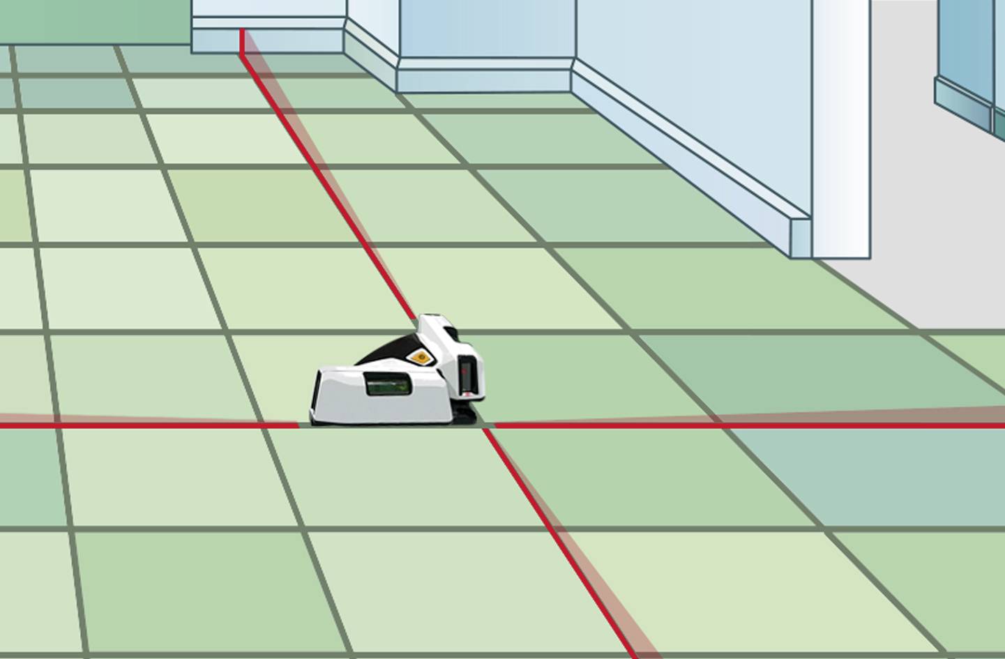 A small robot moves across a tiled living room. Red lines mark the cleaning paths on the floor.