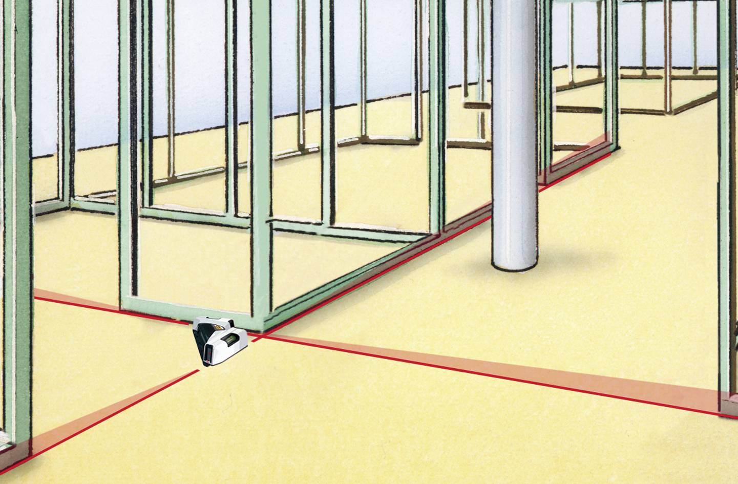 A laser device projects red lines onto the floor of a structure to mark straight lines for precise alignment in framework construction.