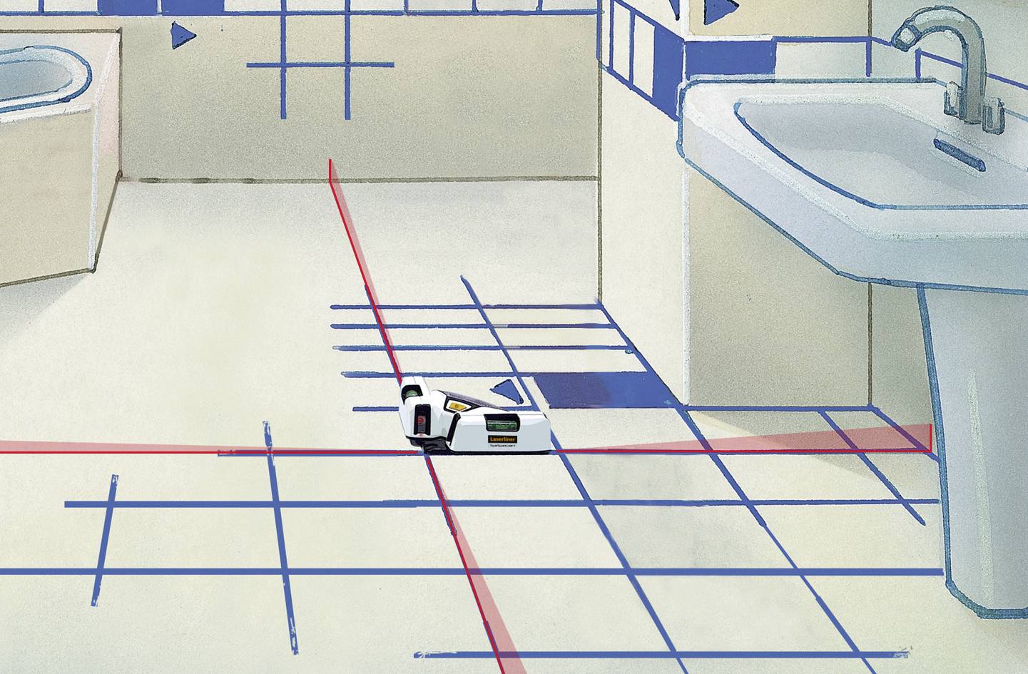 A bathroom with a tiled floor, on which a laser levelling device is placed. It is projecting red laser crosses for tile alignment.