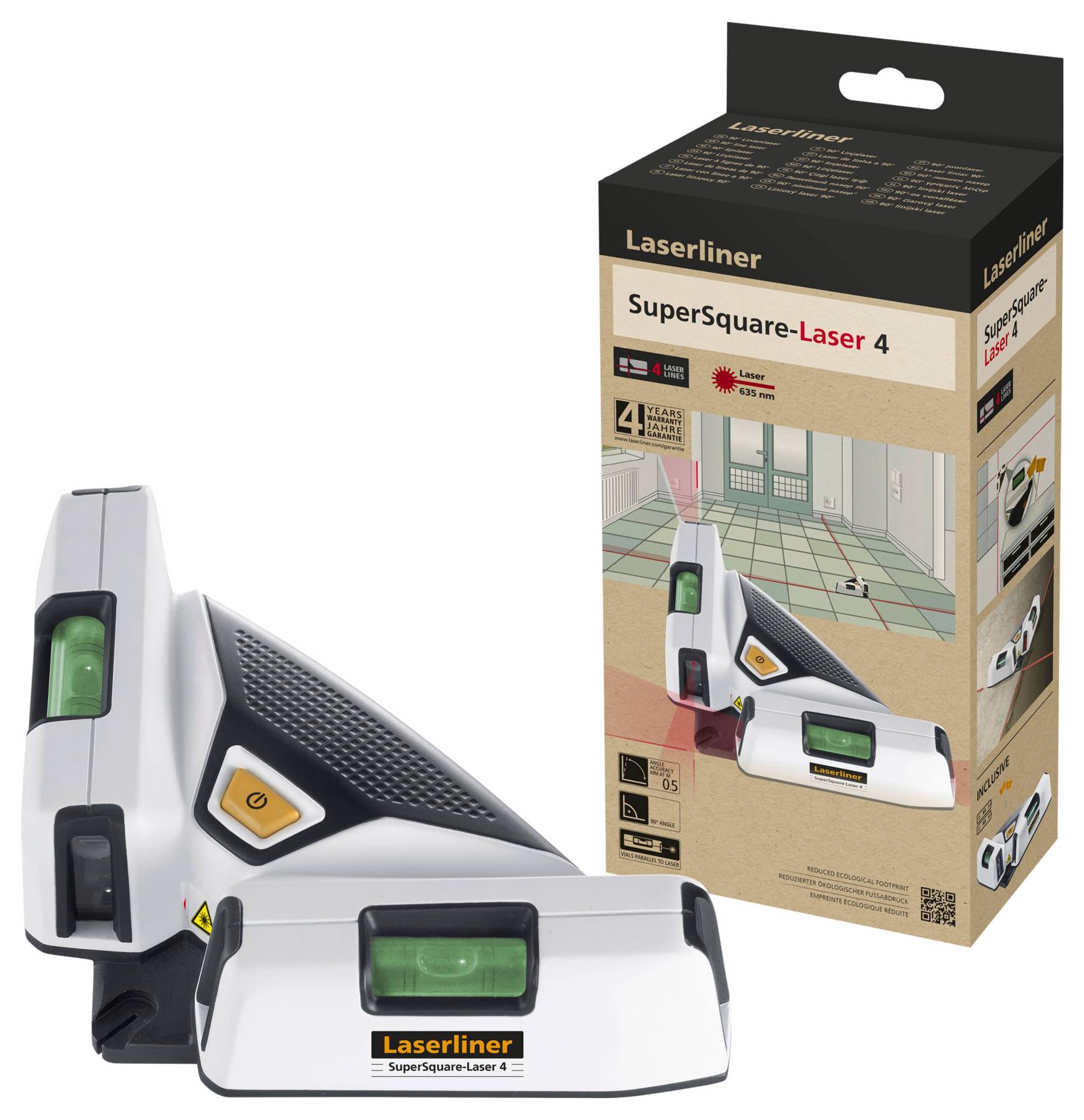 Laser Spirit Level Laserliner SuperSquare-Laser 4, shows angles and levelling, suitable for interior applications, with packaging.