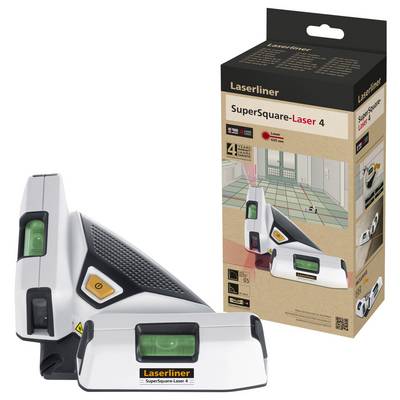 Laser Spirit Level Laserliner SuperSquare-Laser 4, shows angles and levelling, suitable for interior applications, with packaging.