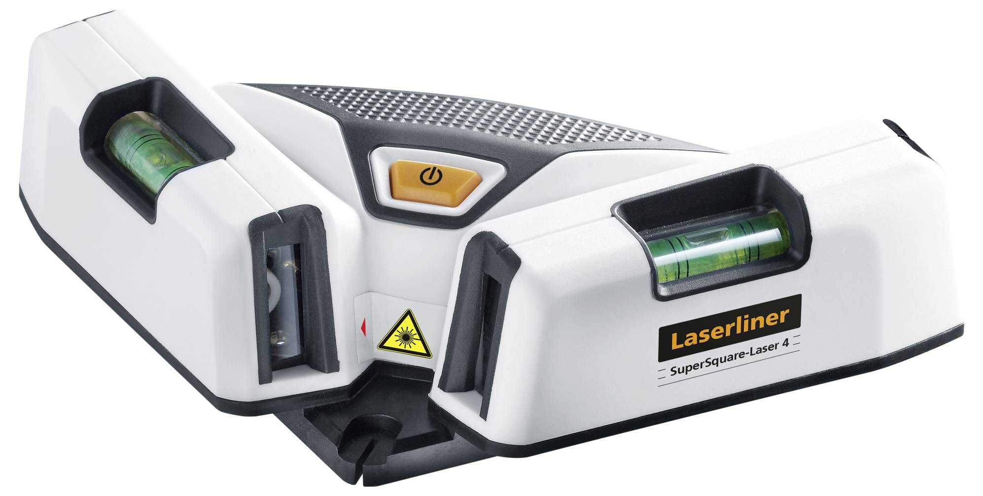 Laser line level on a white background. It has a yellow power on/off symbol and green spirit levels for levelling.